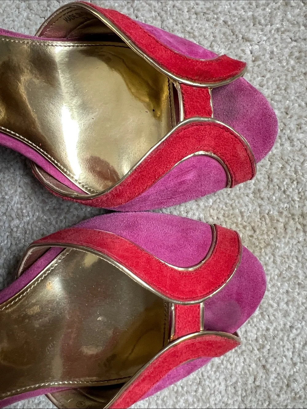 Nina Two-Tone Pink and  Red Suede Open-Toe Heels
